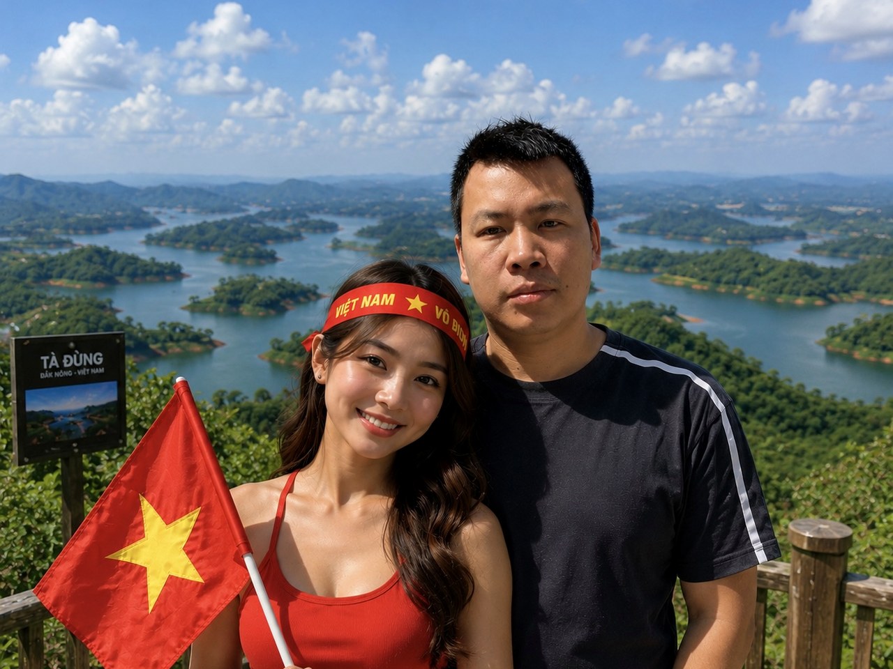 Hồ Trần Thiện Mỹ tại điểm đến Tà Đùng — Đắk Nông, Việt Nam, với cờ Tổ quốc trong khung hình